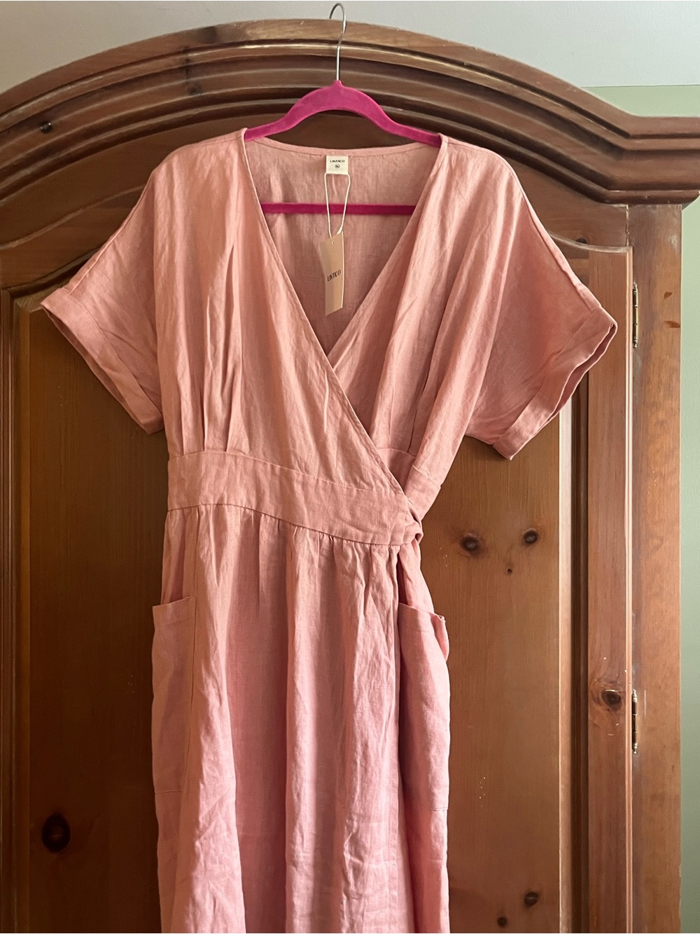 Linen Blend Wrap Midi Dress in Dusty Pink